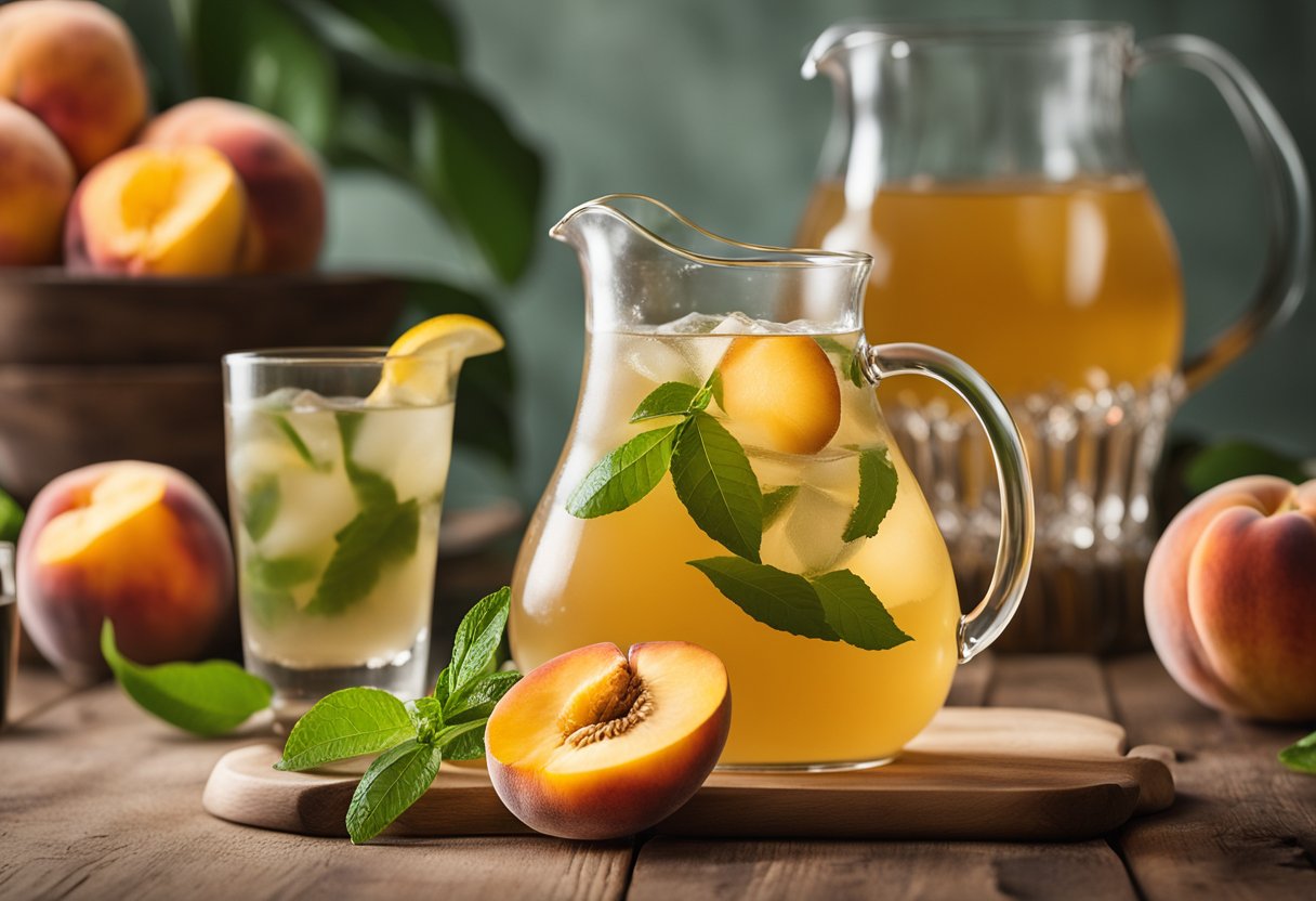 A glass pitcher filled with iced peach green tea lemonade, garnished with peach slices and lemon wedges, placed on a wooden table with a scattering of tea leaves and peach pits