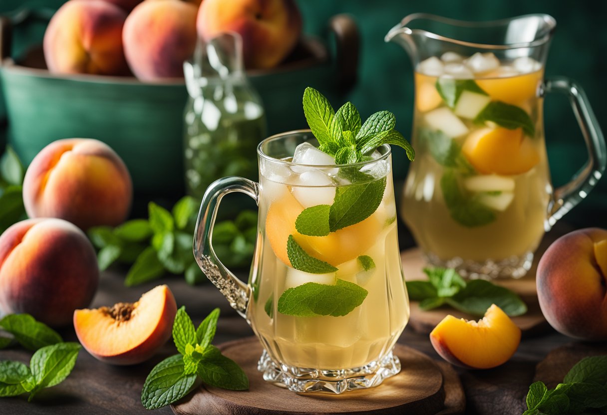 A glass pitcher filled with iced peach green tea lemonade, surrounded by fresh peach slices and sprigs of mint