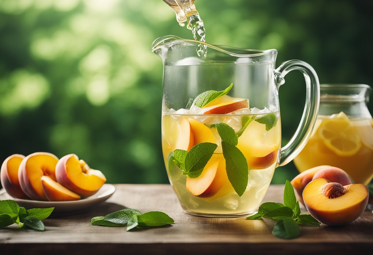 A clear glass pitcher filled with ice, sliced peaches, and green tea. A lemonade being poured into the pitcher, creating a swirl of colors