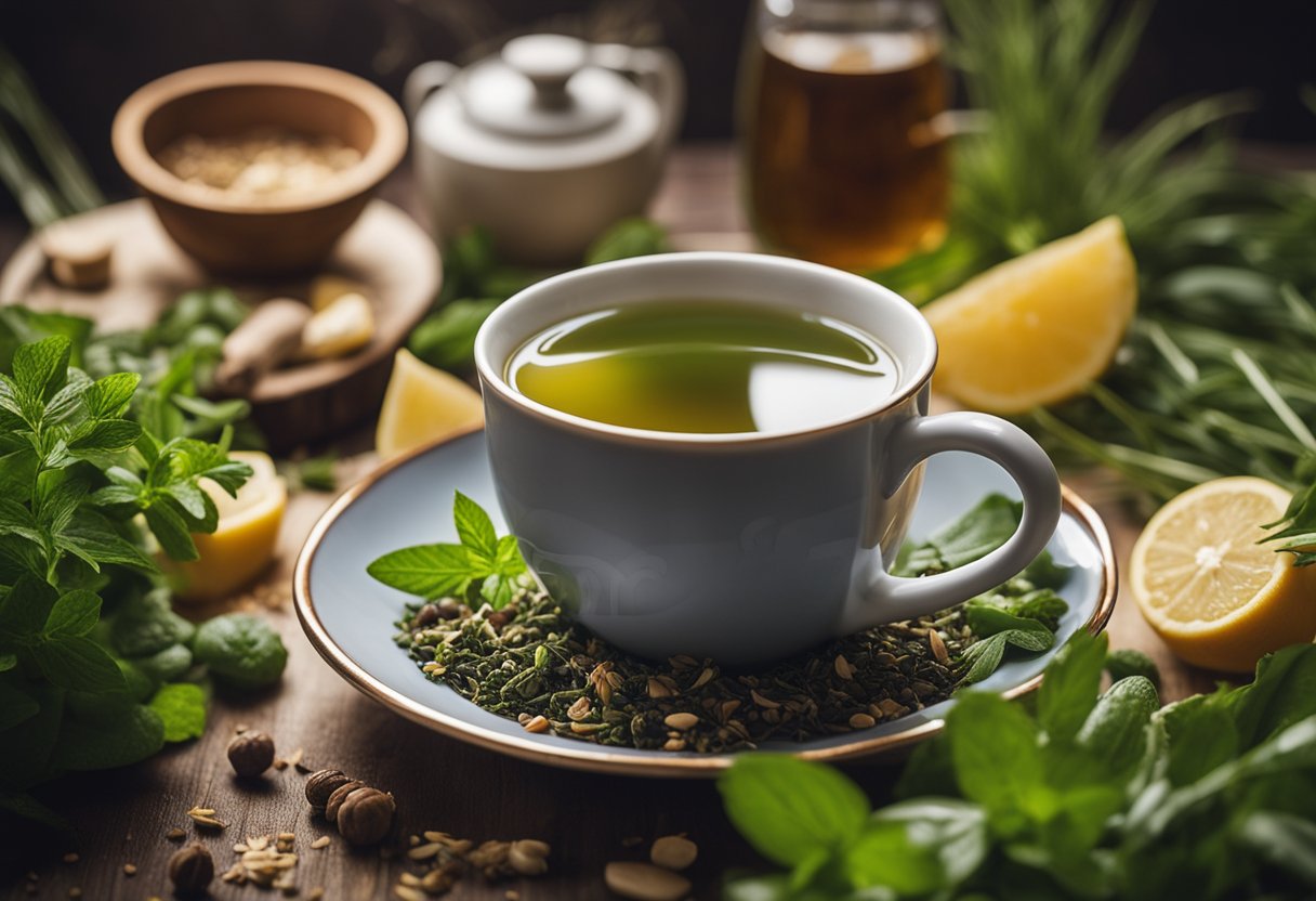 A steaming cup of herbal weight loss tea surrounded by fresh herbs and ingredients, with a calming and natural backdrop