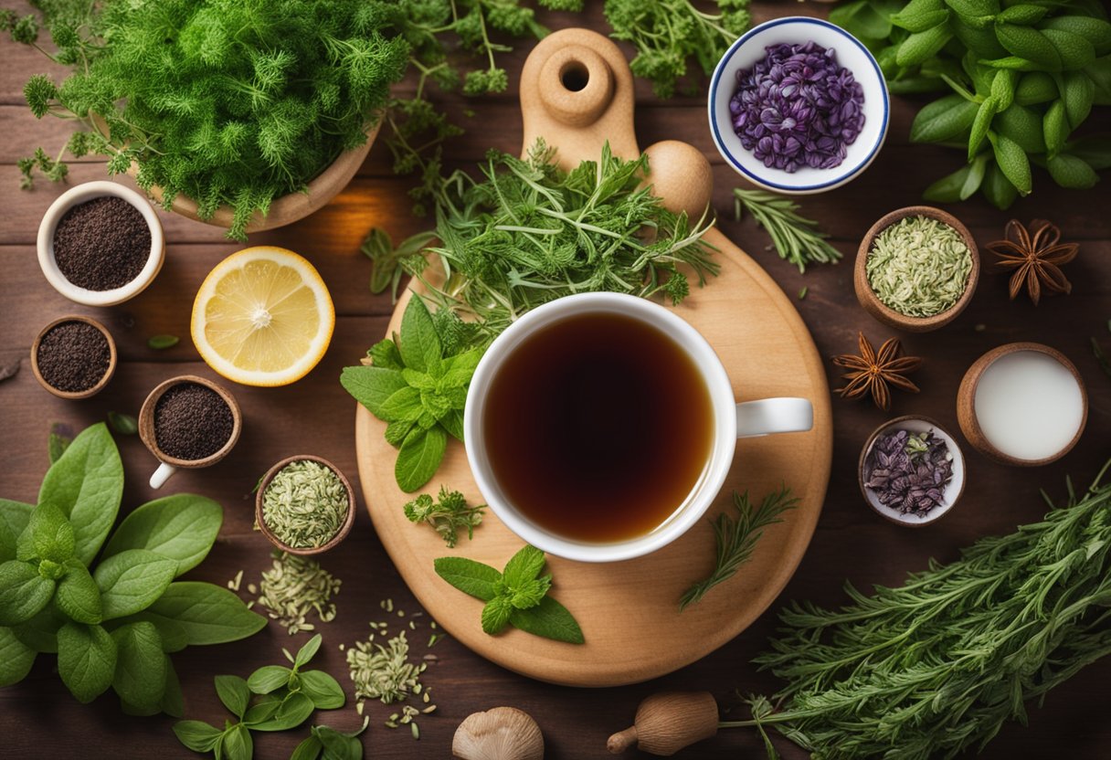 A steaming cup of herbal weight loss tea surrounded by fresh herbs and ingredients, with a sense of calm and relaxation in the background