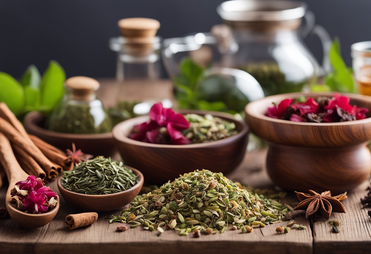 A variety of herbs and spices are laid out on a wooden table, including green tea leaves, ginger root, cinnamon sticks, and dried hibiscus flowers