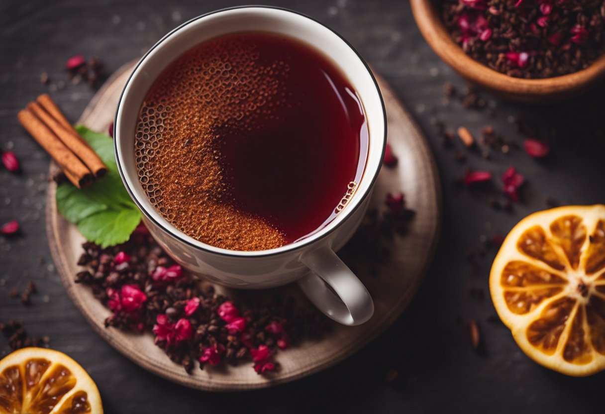 A steaming cup of hibiscus tea with a sprinkle of cinnamon on top