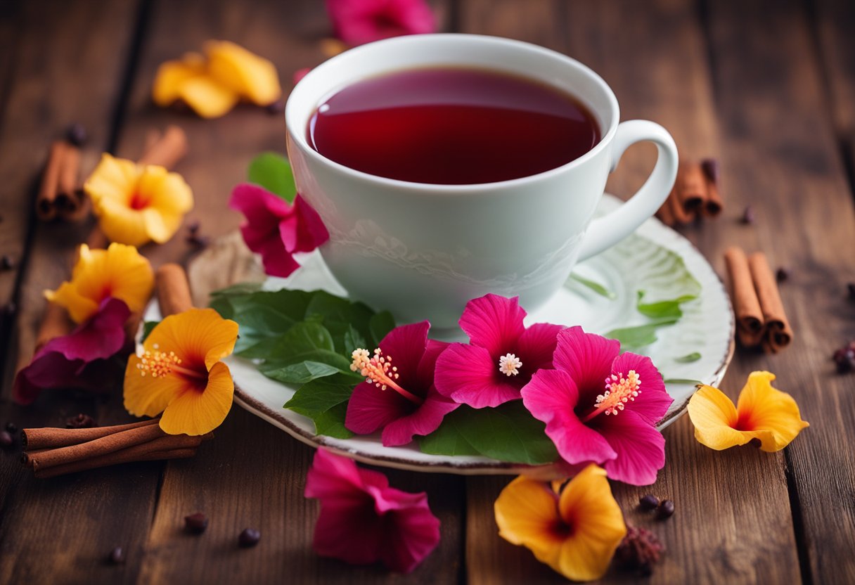 A steaming cup of hibiscus tea with a sprinkle of cinnamon sits on a rustic wooden table, surrounded by vibrant hibiscus flowers and leaves