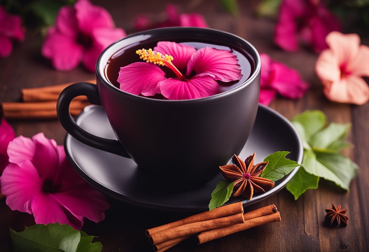 A steaming cup of hibiscus tea with a hint of cinnamon, surrounded by vibrant hibiscus flowers and cinnamon sticks