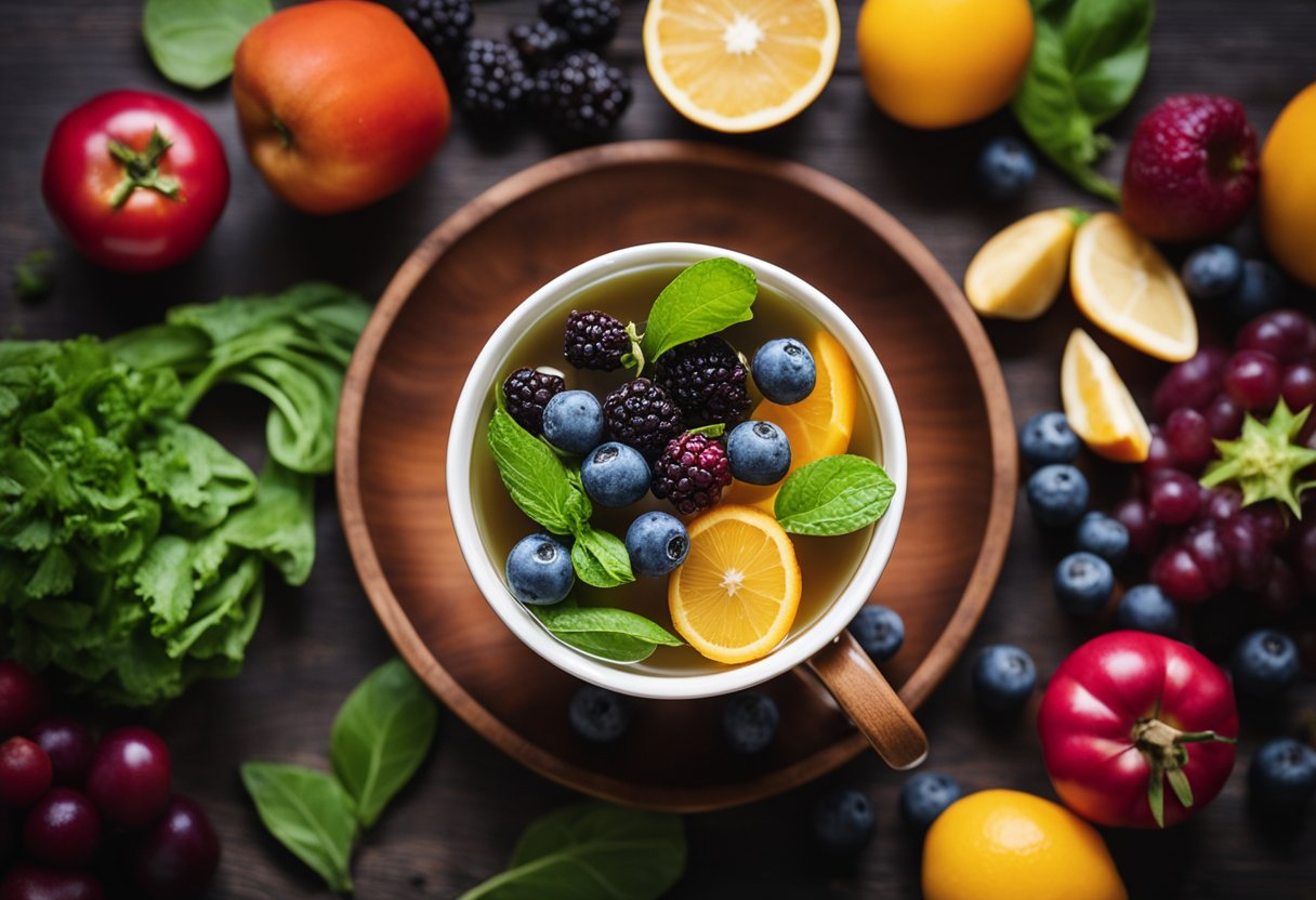 A steaming cup of detox tea surrounded by fresh, vibrant fruits and vegetables