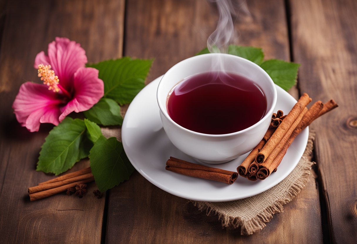 A steaming cup of hibiscus tea with cinnamon sticks resting on a rustic wooden table