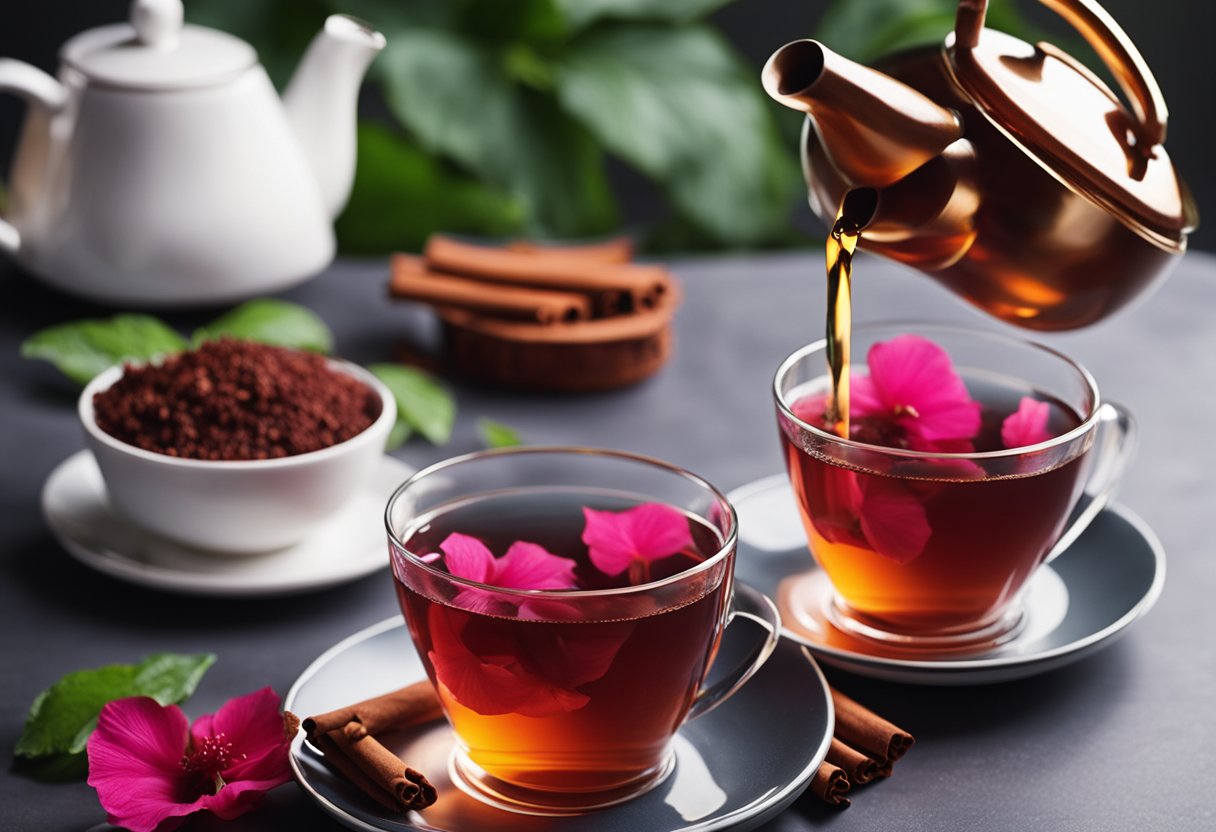 A teapot pours hibiscus tea into a cup with a stick of cinnamon floating on the surface