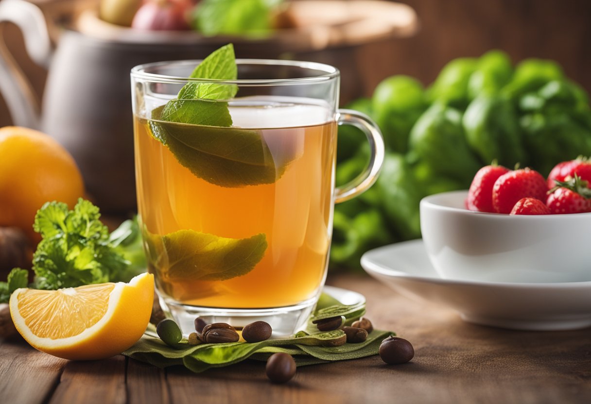 A cup of detox tea surrounded by fresh fruits and vegetables, with a measuring tape wrapped around the tea cup