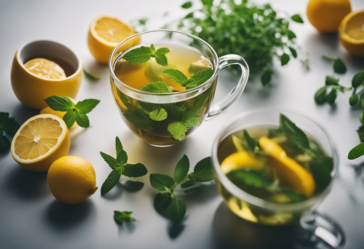 A cup of detox tea surrounded by fresh herbs and fruits, with a steam rising from the warm liquid