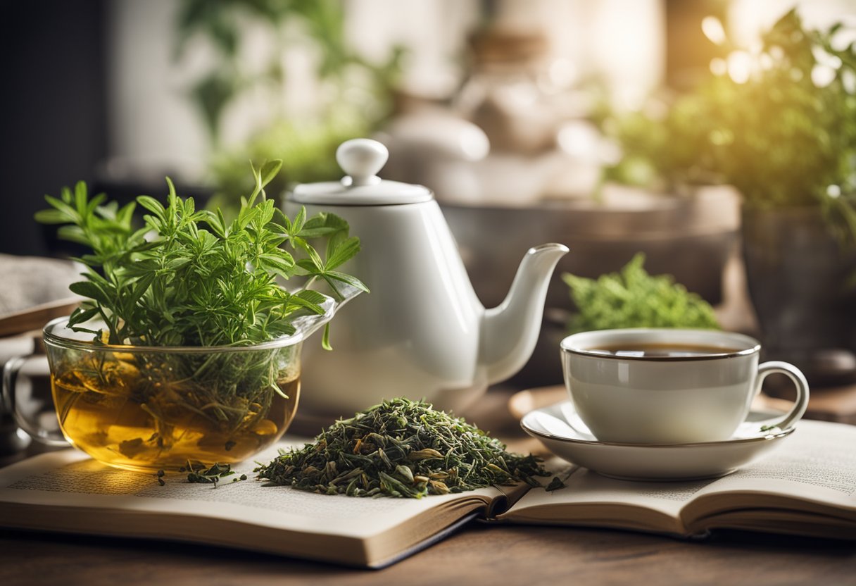 A table with various herbs, teacups, and a steaming teapot. A book on detox teas lies open next to a scientific journal