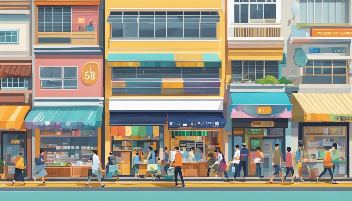 A bustling street in Jalan Besar, with colorful shopfronts and vibrant signage. People walk in and out of money lending offices, while the sound of traffic fills the air