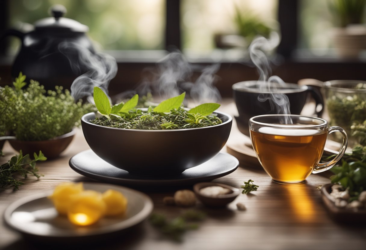 A table with various herbal teas and ingredients, steam rising from the cups. A serene, natural setting with plants and a warm, inviting atmosphere