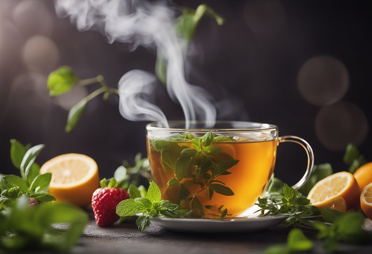 A steaming cup of detox tea surrounded by fresh herbs and fruits, with a gentle wisp of steam rising from the surface