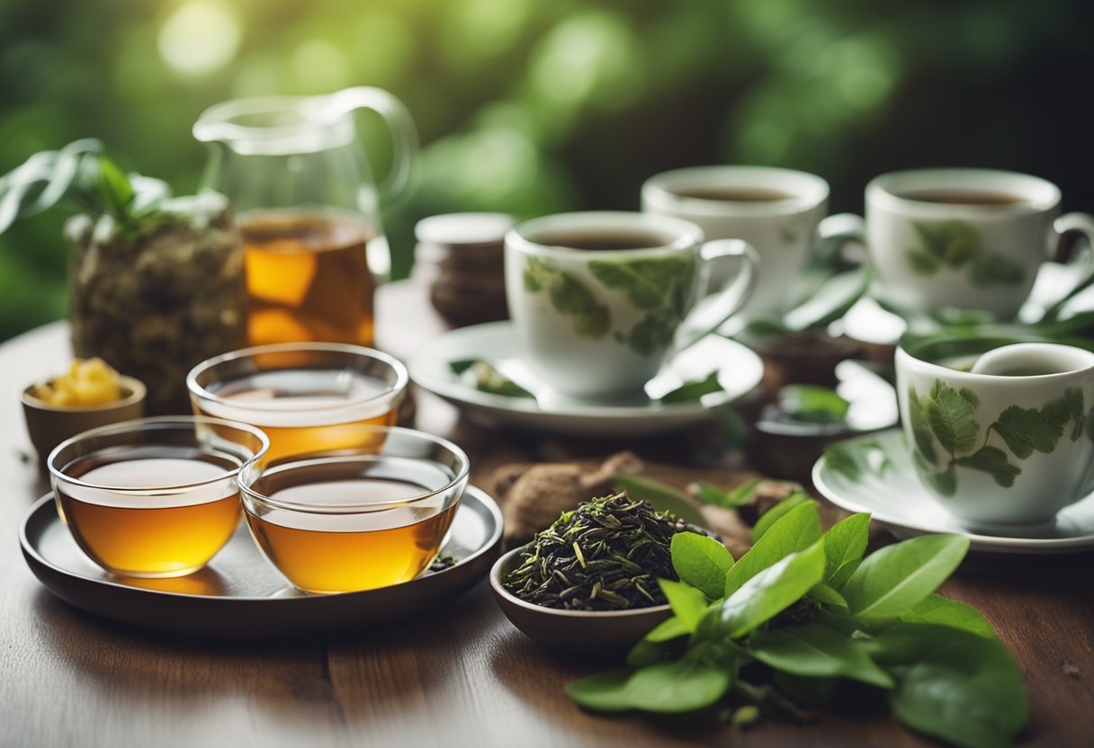 A table adorned with various detox tea packages and steaming cups. A backdrop of lush greenery and a serene, natural setting