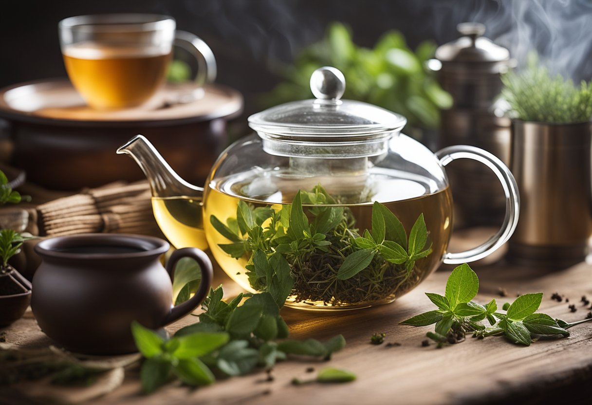 Various herbs and tea leaves arranged on a wooden table, with a steaming teapot and brewing accessories. A serene, natural setting with soft lighting