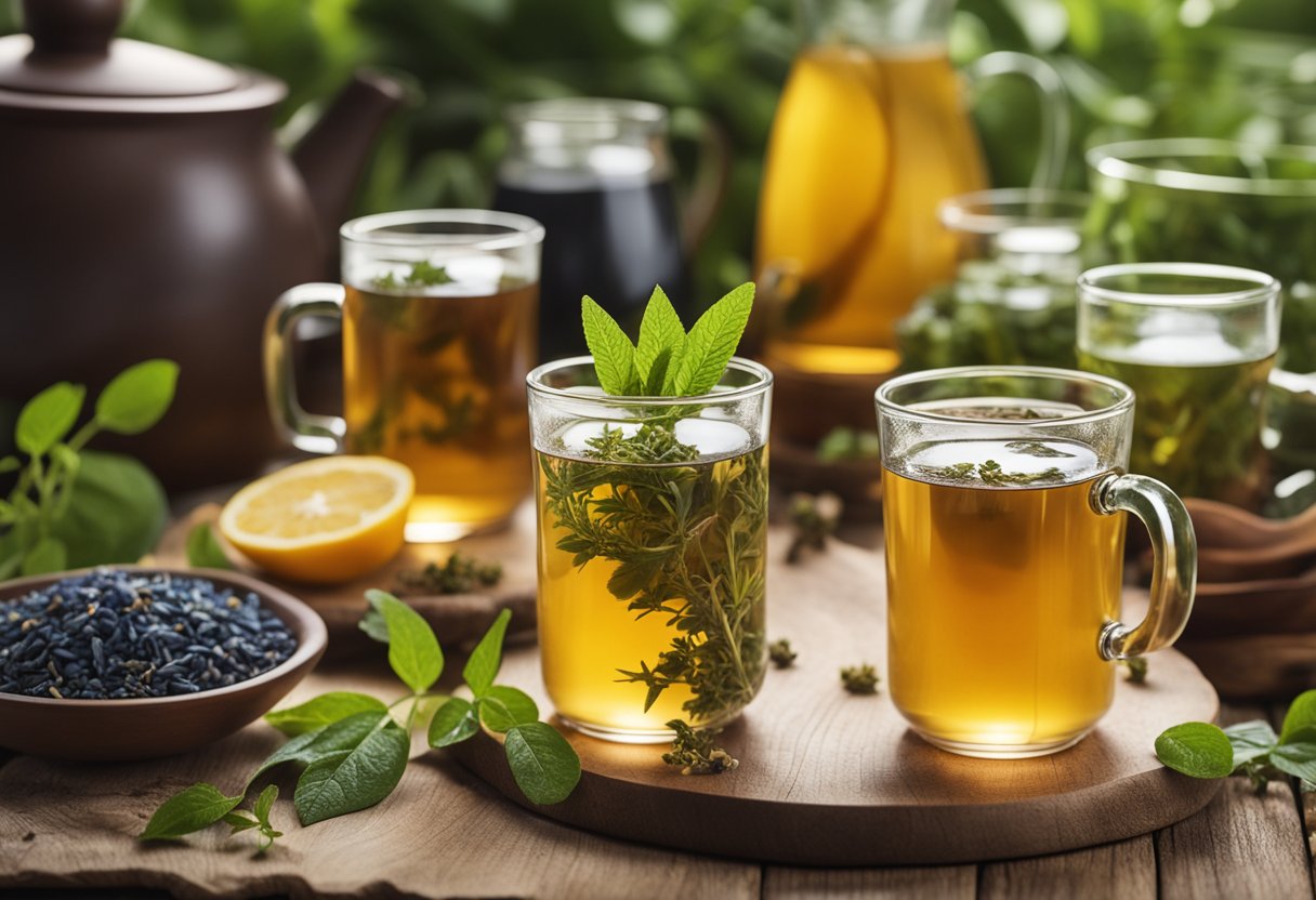 A table with an assortment of herbal teas and detox ingredients, surrounded by plants and natural elements