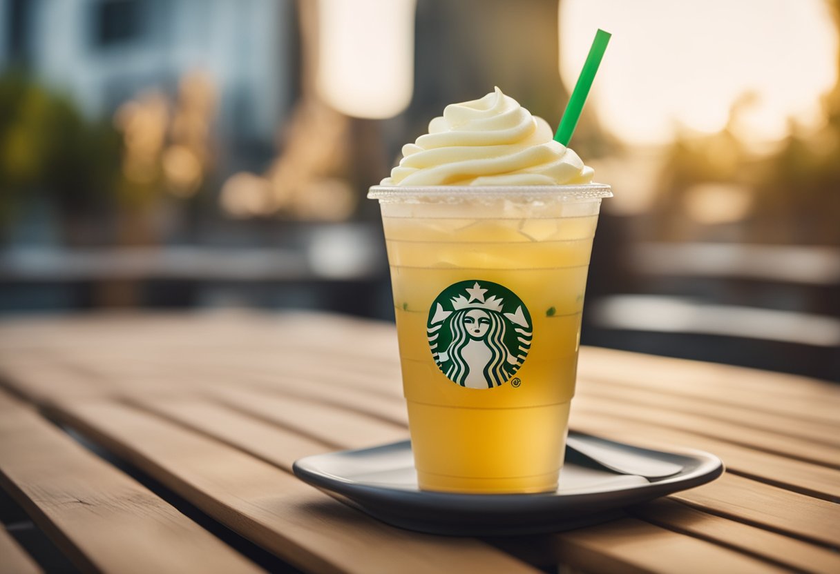 A tall Starbucks cup filled with peach green tea lemonade sits on a wooden table. The label displays the calorie count