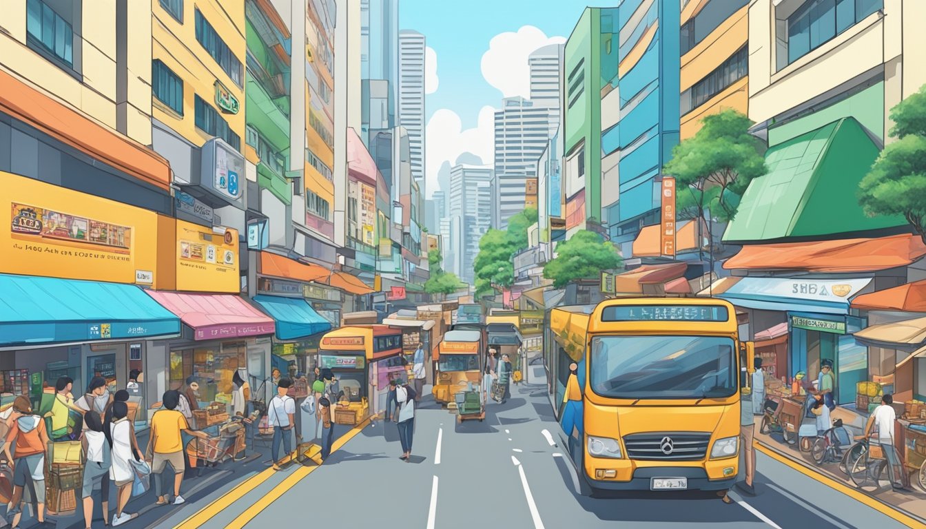 A bustling street in Jalan Besar, Singapore, with a prominent sign of the best licensed money lender. Busy traffic and vibrant storefronts line the busy avenue