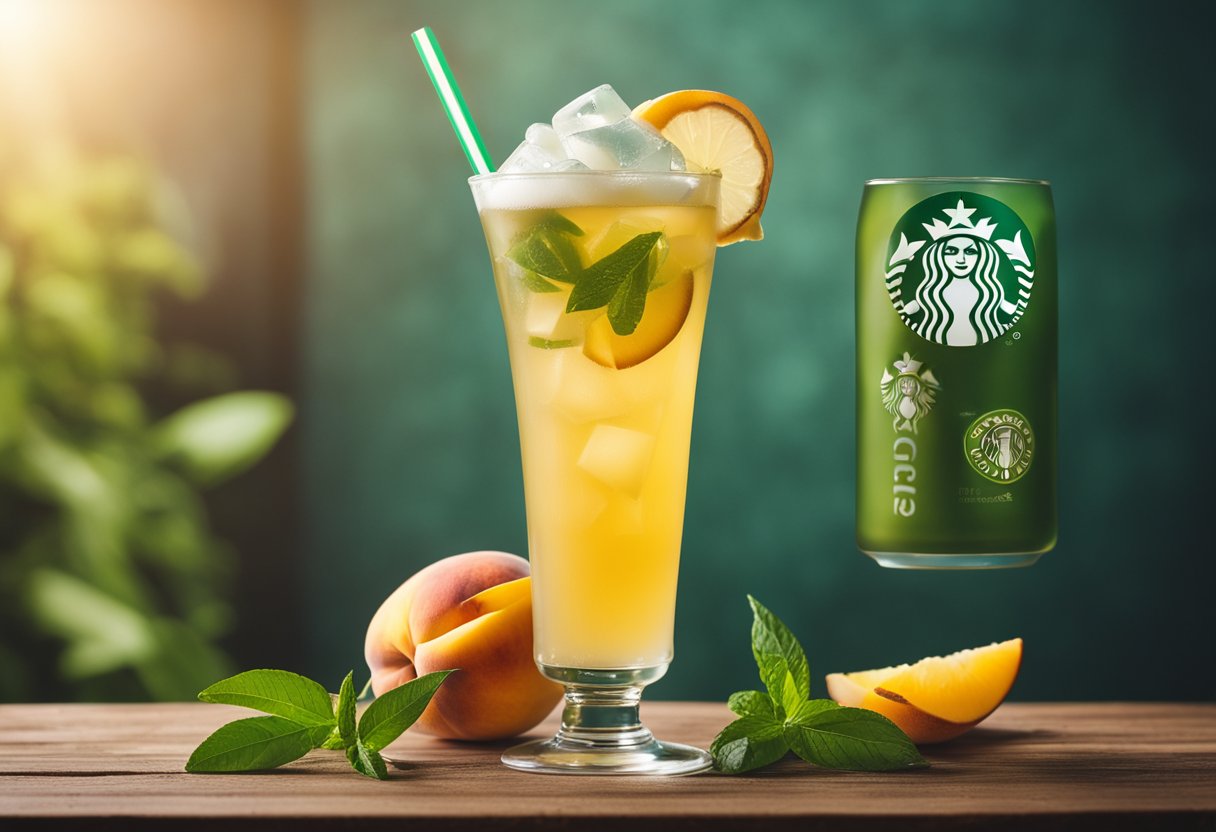 A tall glass with peach green tea lemonade, ice, and a slice of lemon on the rim, set on a wooden table with a Starbucks logo in the background