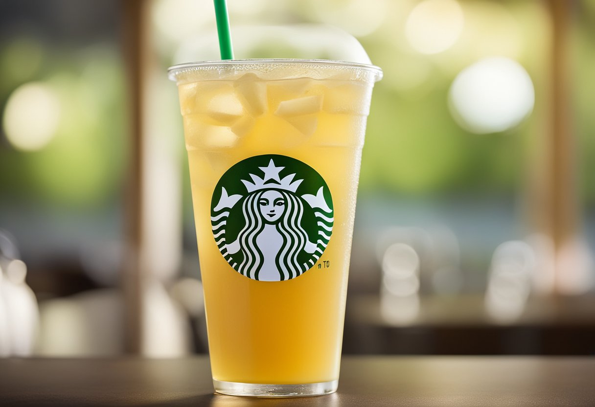 A tall glass filled with peach green tea lemonade, with a clear label displaying "Nutritional Information" and the calorie count for the drink from Starbucks