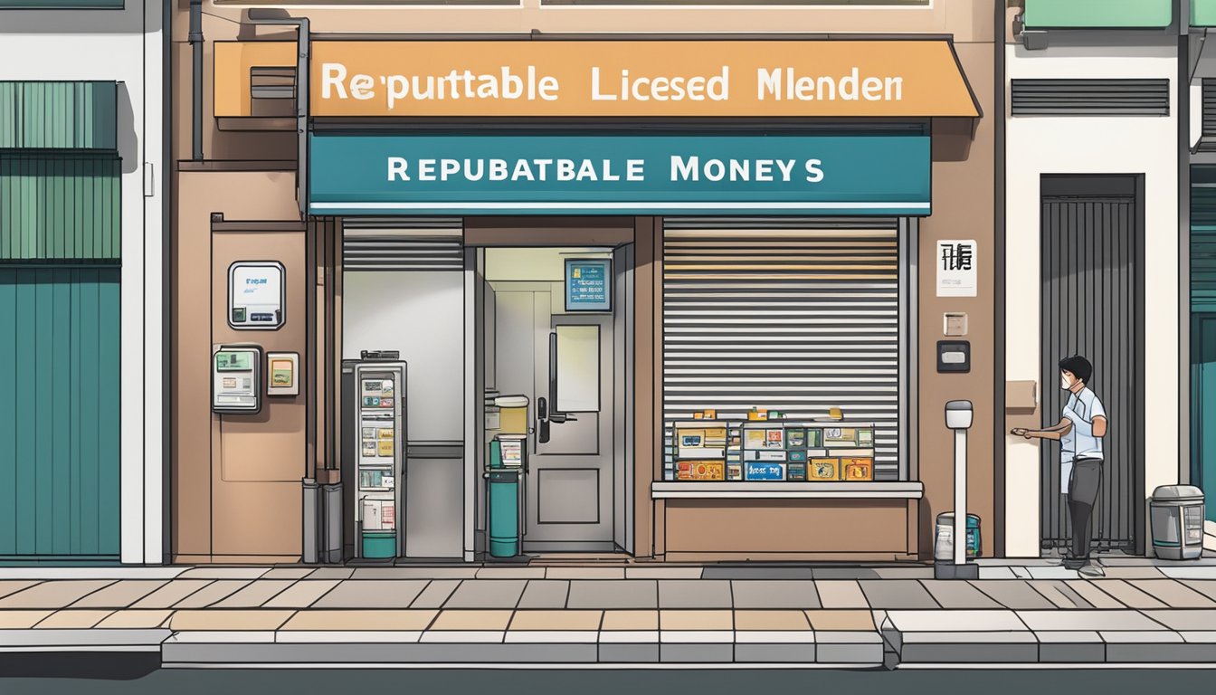 A storefront sign reads "Reputable Licensed Money Lender" in Jalan Besar, Singapore. The building has a clean, professional appearance with a well-maintained exterior