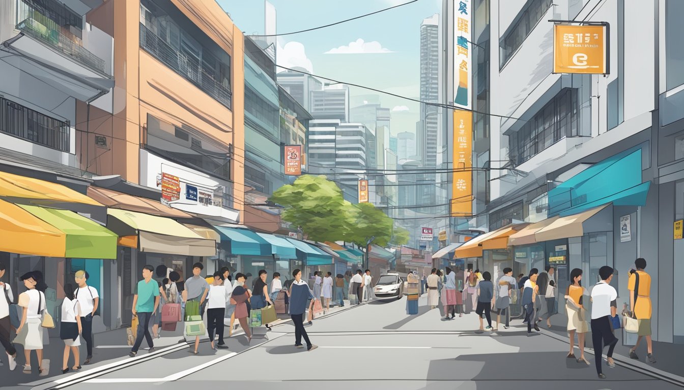 A bustling street in Jalan Besar, Singapore with prominent licensed money lender signage and a steady flow of potential borrowers entering the establishment