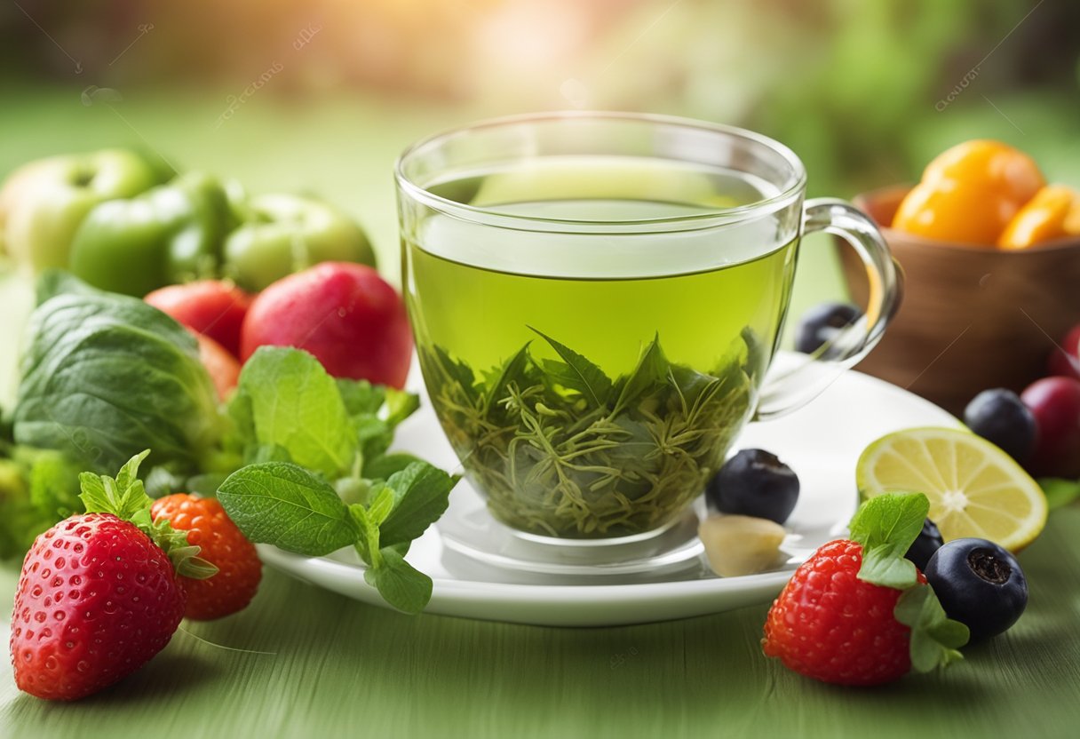 A steaming cup of green tea surrounded by fresh fruits and vegetables, with a measuring tape wrapped around the cup