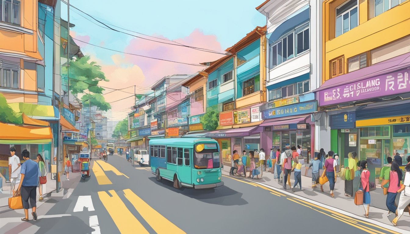 A bustling street in Geylang Bahru, Singapore, with colorful shopfronts and a prominent sign reading "Best Licensed Money Lender." Pedestrians and vehicles pass by