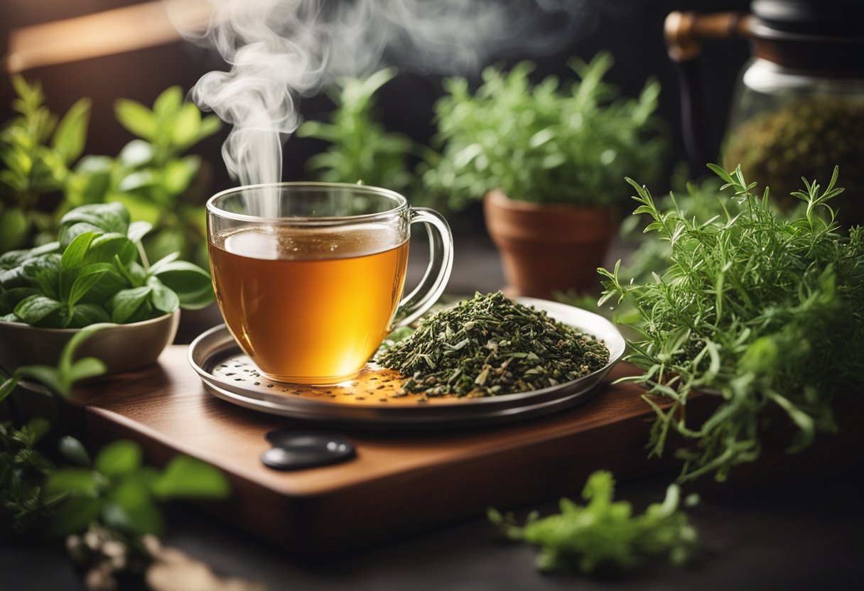 A steaming cup of tea surrounded by fresh herbs and a scale