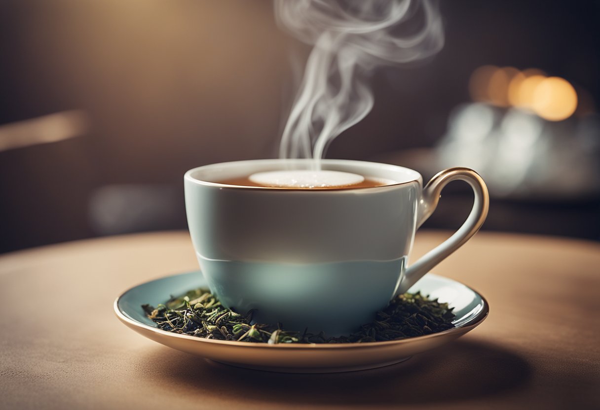 A steaming cup of tea sits on a delicate saucer, surrounded by scattered tea leaves and a small spoon. Wisps of steam rise from the cup, creating a serene and inviting scene