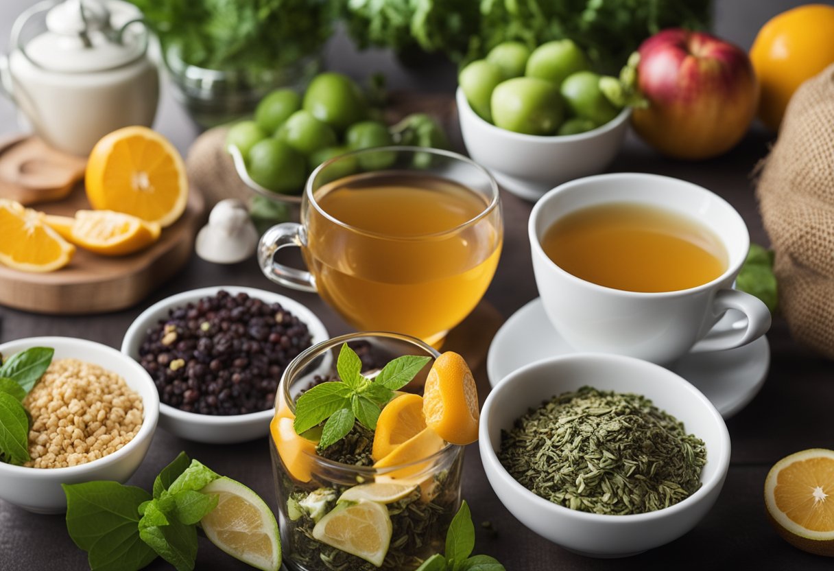 A table with various detox tea packages, surrounded by fresh fruits and vegetables. A scale nearby to indicate weight loss