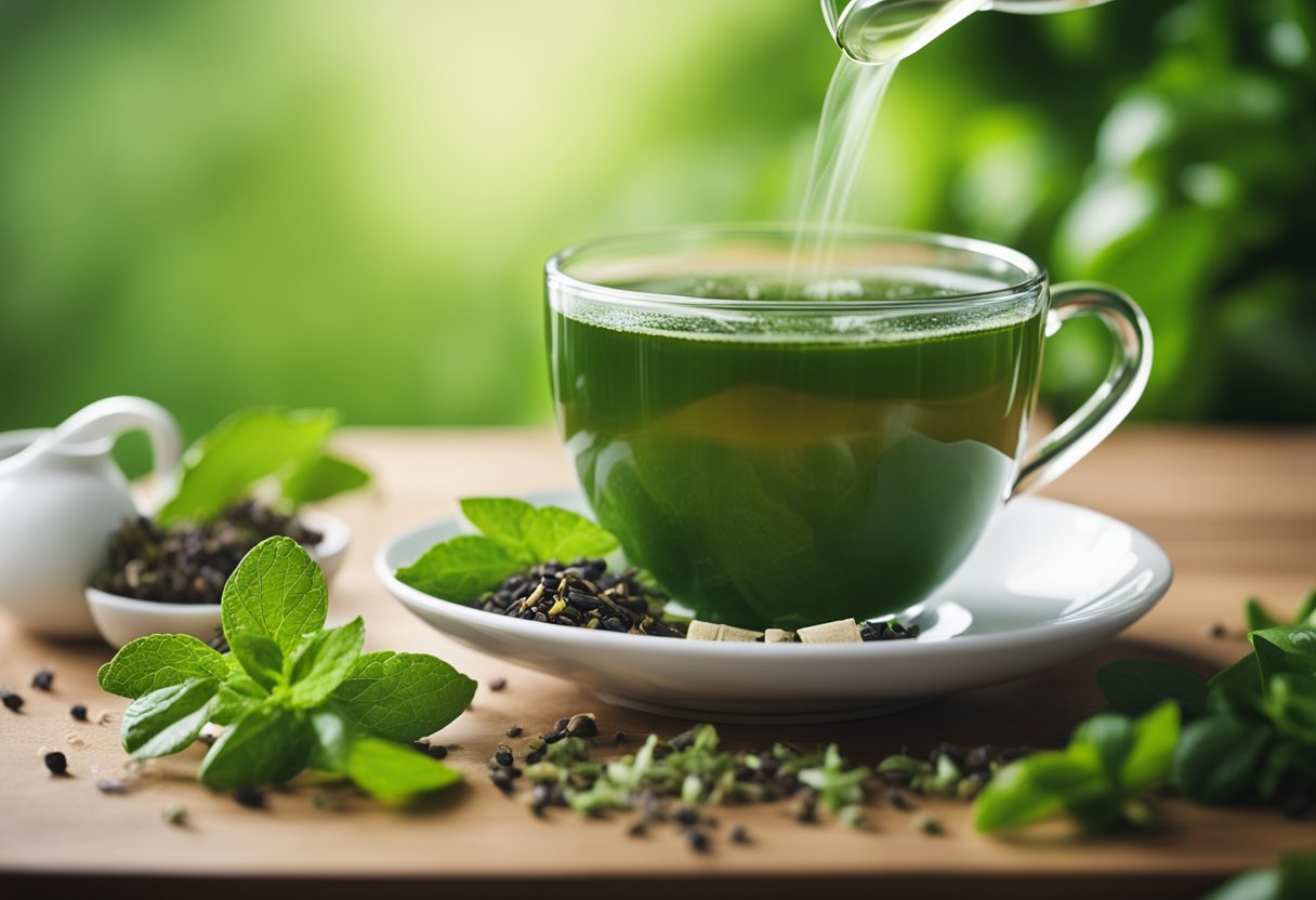 A steaming cup of detox tea surrounded by fresh, vibrant herbs and fruits, with a tape measure and scale in the background