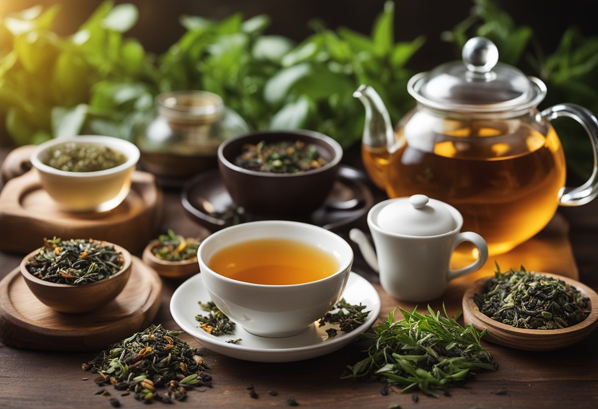 A variety of colorful, aromatic tea leaves and herbs arranged on a wooden table with a steaming teapot and a cup