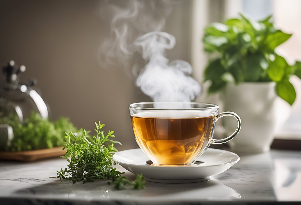 A steaming teacup sits on a marble table, surrounded by fresh herbs and a delicate tea infuser. The room is bathed in soft, natural light, creating a serene and calming atmosphere