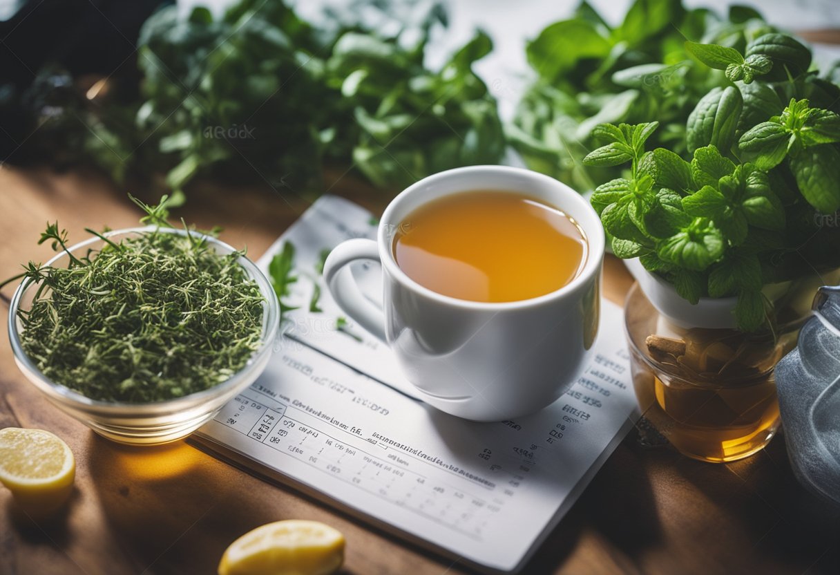 A steaming cup of detox tea sits next to a glowing metabolism chart, surrounded by fresh herbs and ingredients