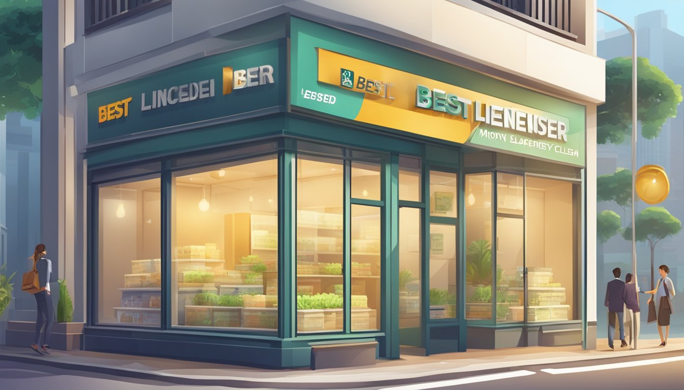 A storefront with a prominent sign "Best Licensed Money Lender Near Mattar Singapore." The building is clean and modern, with a professional atmosphere