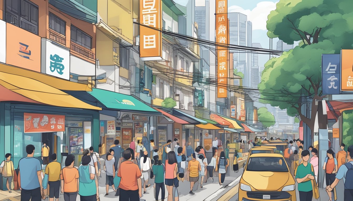A bustling street near Geylang Bahru with a licensed money lender's sign, surrounded by diverse shops and people in Singapore