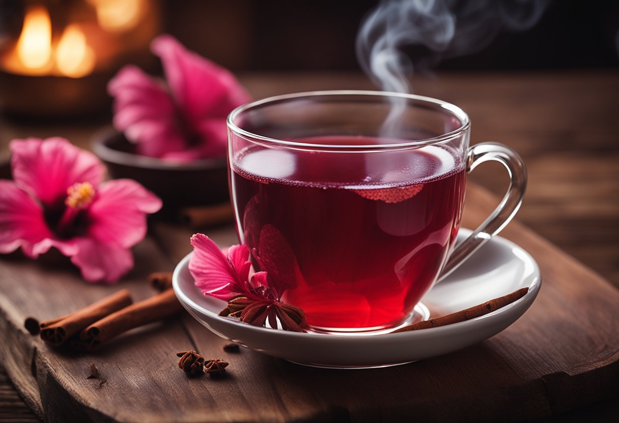 A steaming cup of hibiscus cinnamon tea sits on a rustic wooden table, with wisps of steam rising and the rich, red color of the tea shining through the glass cup