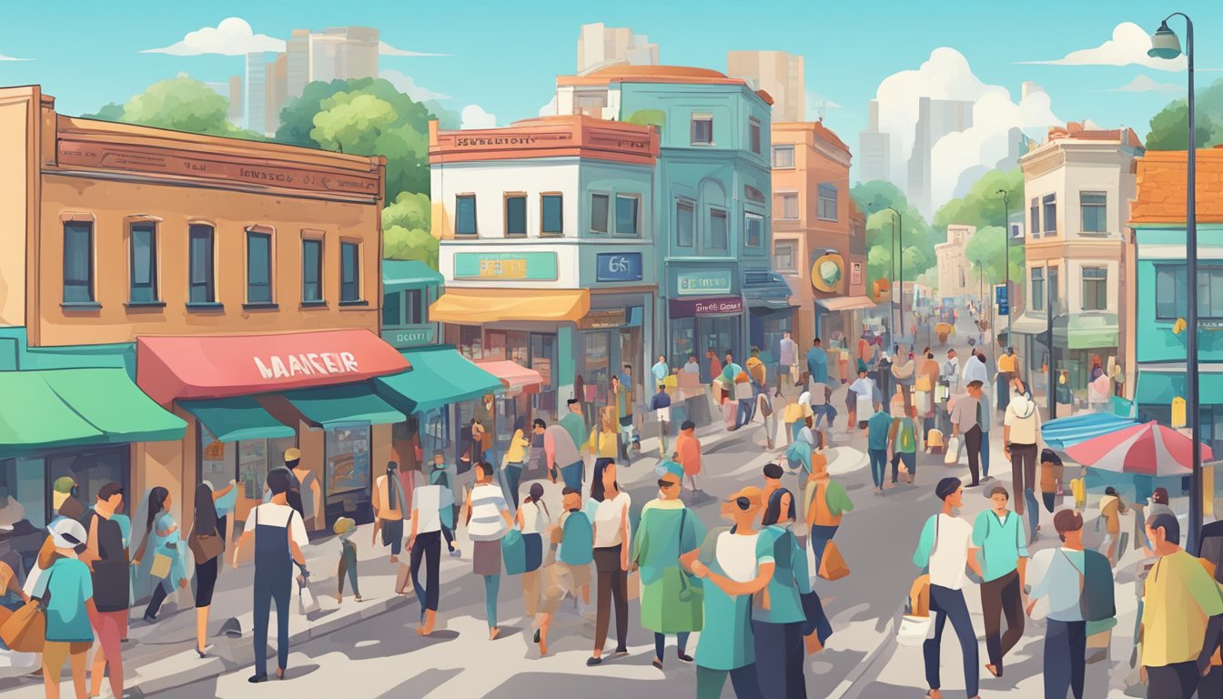A bustling street near Mattar with a prominent sign for a licensed money lender, surrounded by shops and people going about their day