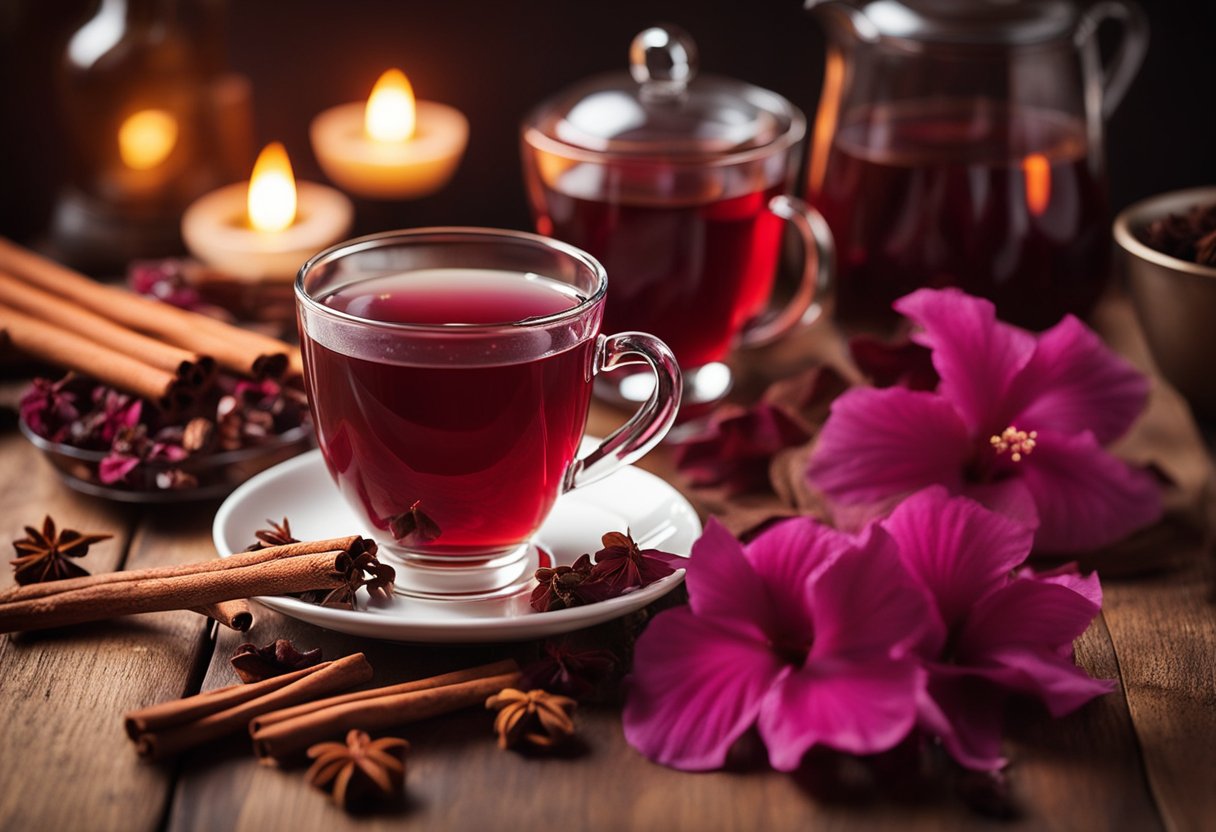 A steaming cup of hibiscus cinnamon tea sits on a wooden table, surrounded by dried hibiscus flowers and cinnamon sticks. A warm, inviting atmosphere is created by the soft glow of natural light