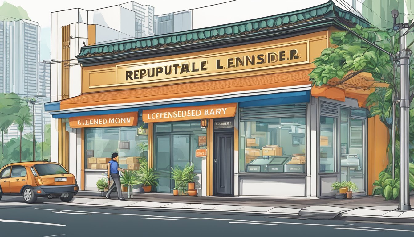 A storefront sign reads "Reputable Licensed Money Lender Near Geylang Bahru Singapore." The building is clean and professional, with a welcoming atmosphere