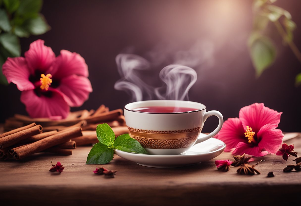 A steaming cup of hibiscus cinnamon tea on a wooden table, surrounded by fresh hibiscus flowers and cinnamon sticks