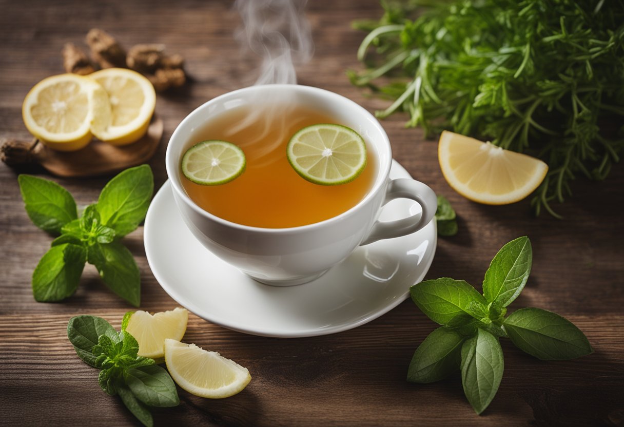 A steaming cup of detox and weight loss tea sits on a wooden table, surrounded by fresh herbs and fruits