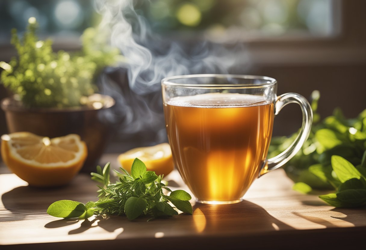 A steaming cup of detox tea sits on a wooden table, surrounded by fresh herbs and fruits. The morning sunlight streams through a nearby window, casting a warm glow over the scene