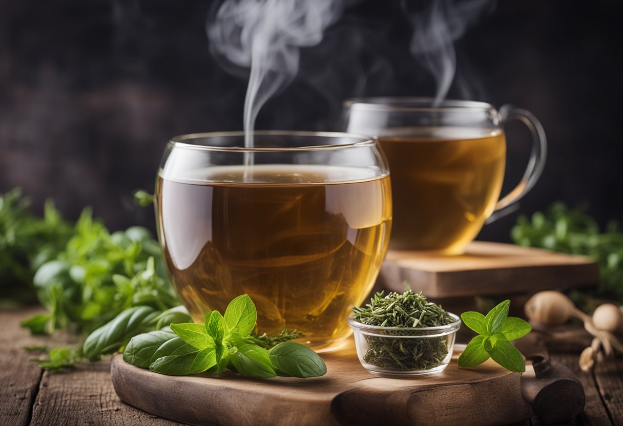 A steaming cup of weight loss tea sits on a rustic wooden table, surrounded by fresh herbs and ingredients. The tea is brewing in a clear glass teapot, releasing a fragrant steam