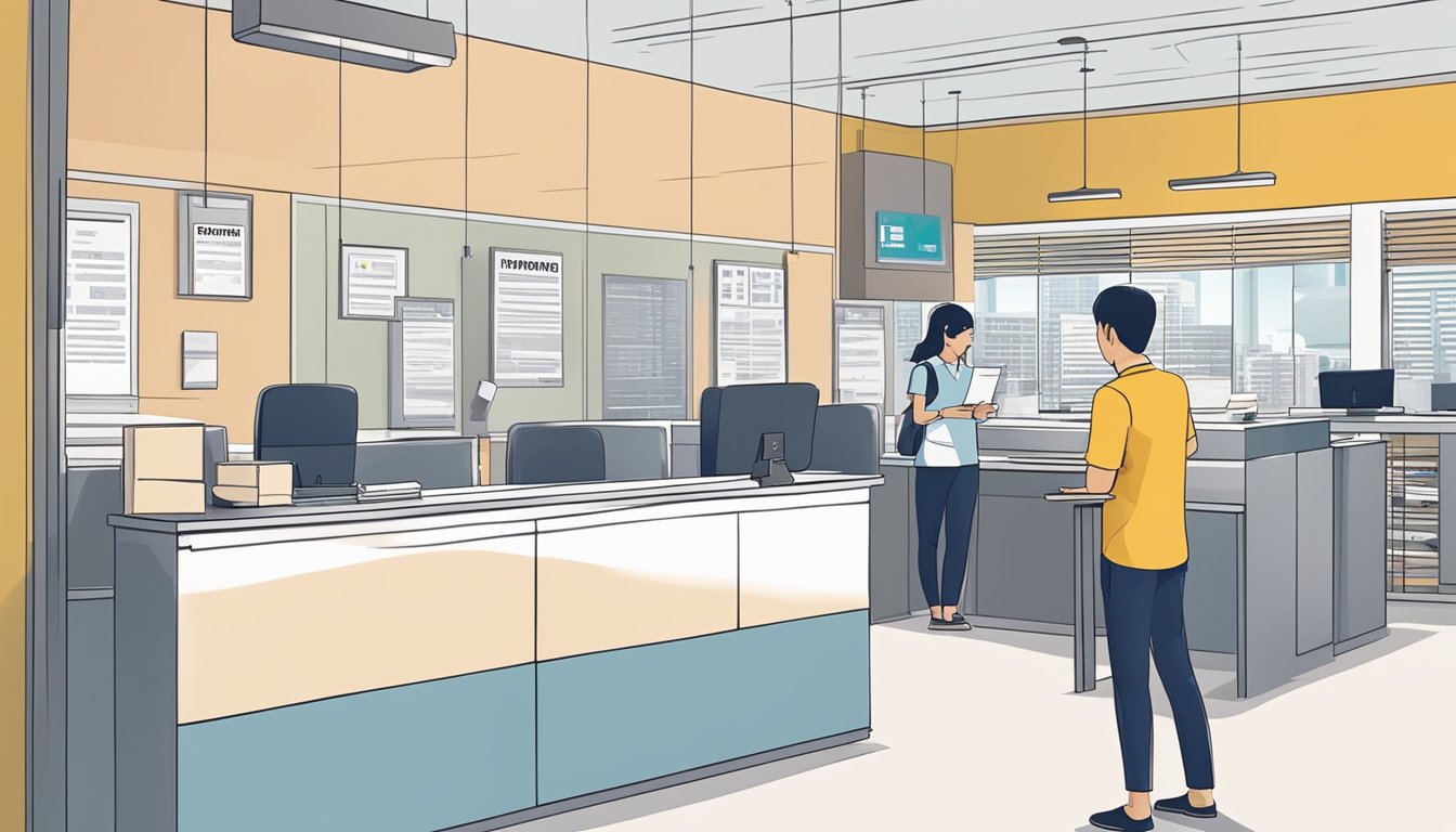 A person carefully reviews terms and conditions at a licensed money lender's office near Geylang Bahru, Singapore. The lender's signage and office interior are visible in the background