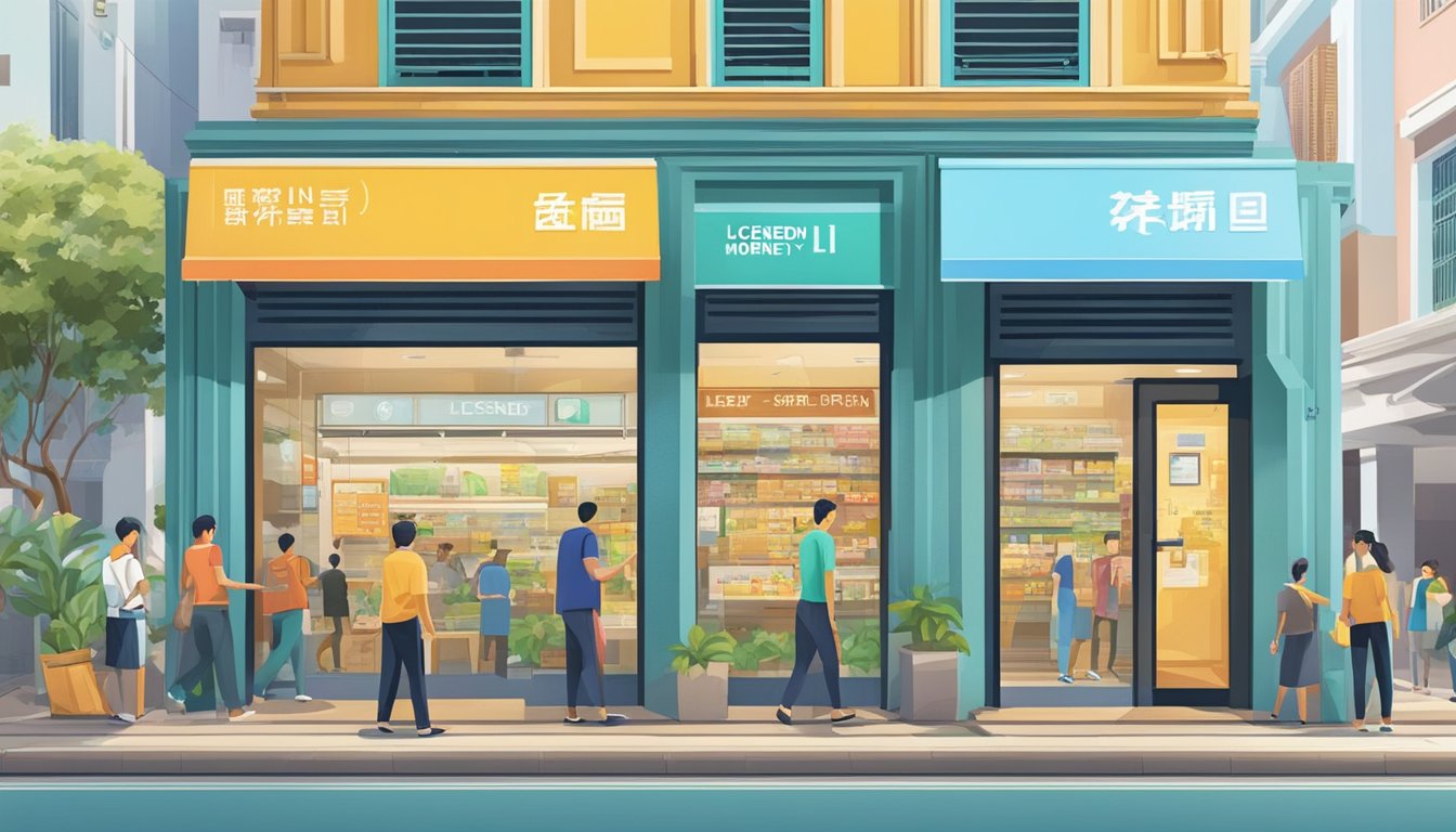 A bright storefront with a prominent sign reading "Licensed Money Lender" stands on a bustling street in Mattar, Singapore. People enter and exit, and a line forms outside the door