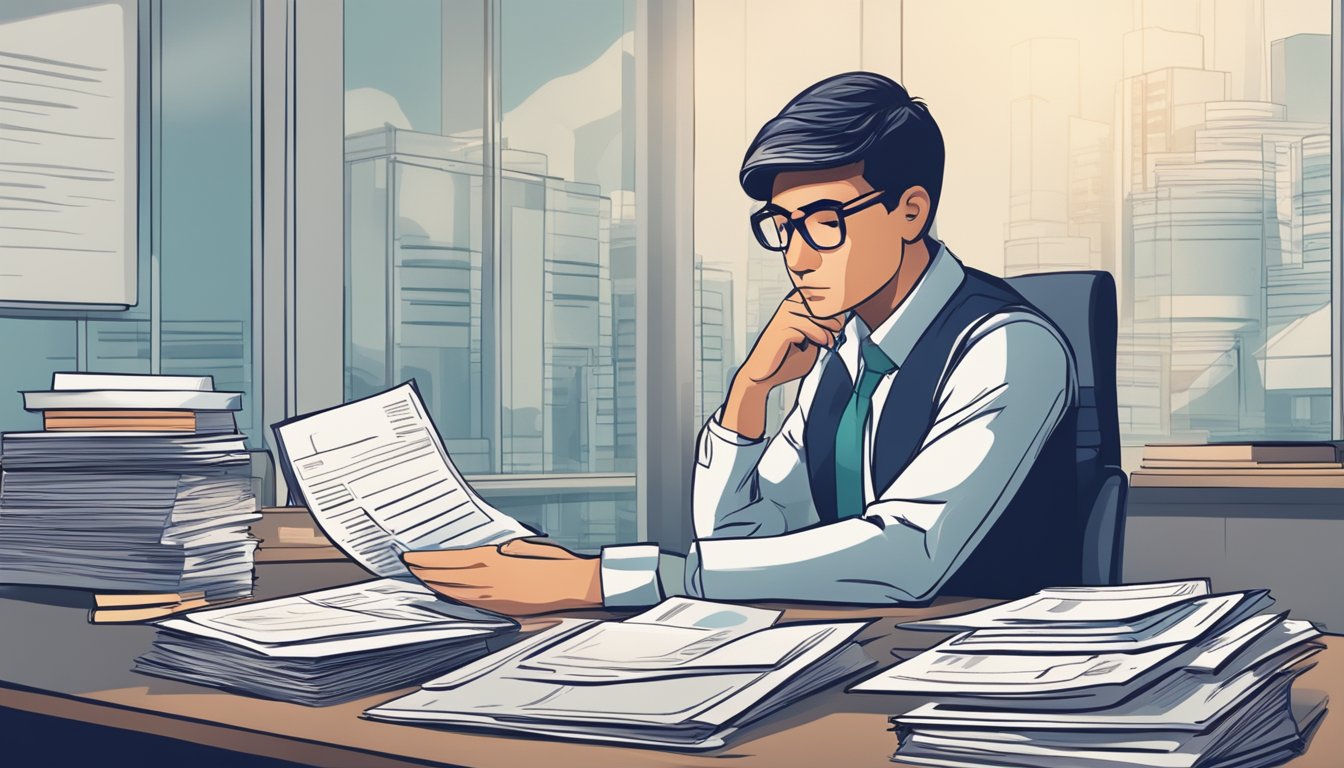 A person sitting at a desk, surrounded by paperwork and financial documents. They are deep in thought, with a look of concern on their face as they consider borrowing from a licensed money lender near Mattar, Singapore