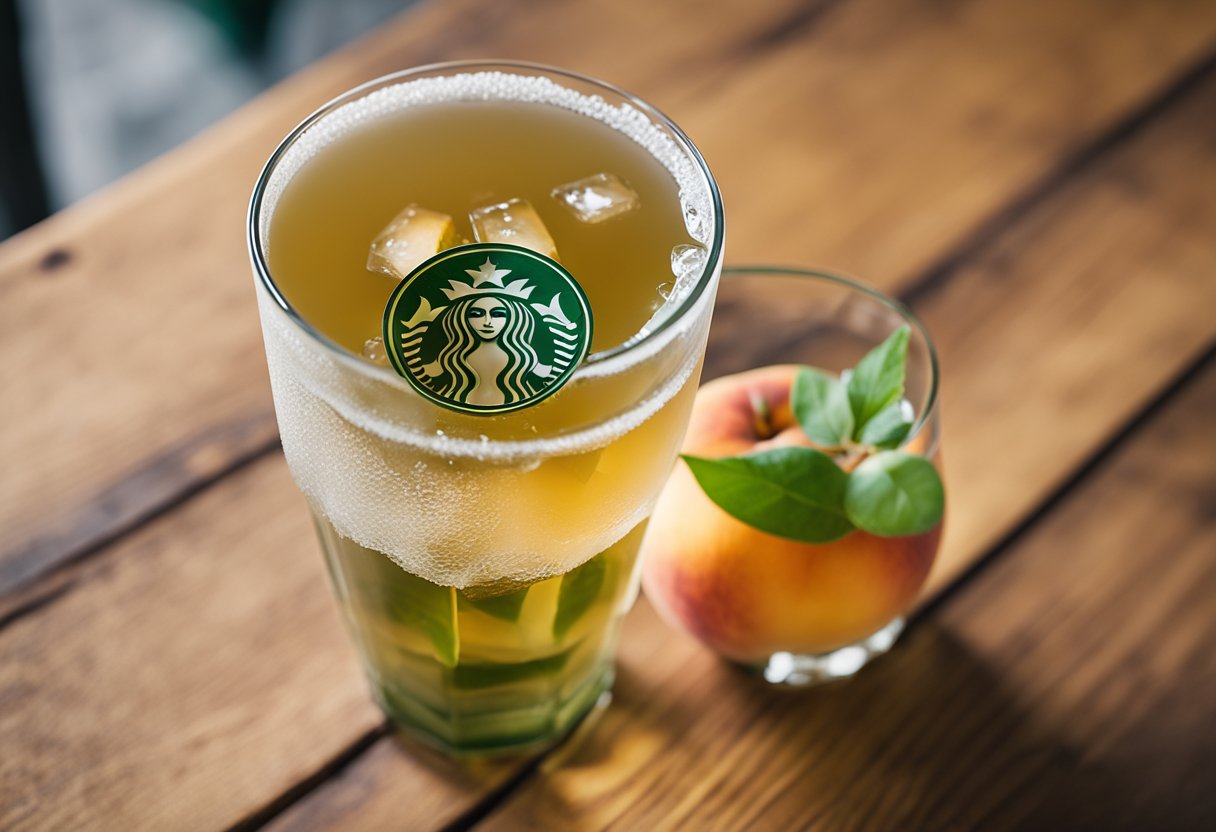 A clear glass filled with peach green tea, ice cubes, and a slice of fresh peach, sitting on a wooden table with a green Starbucks logo in the background